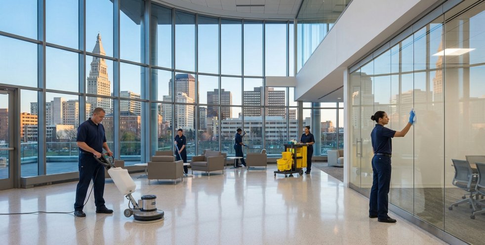 Commercial cleaning crew cleaning a modern office lobby with city skyline views in Hartford, Connecticut