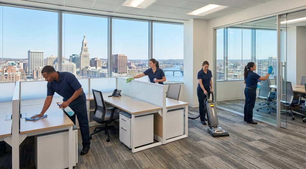 Cleaning crew vacuuming and wiping desks in a modern Hartford office with city skyline views