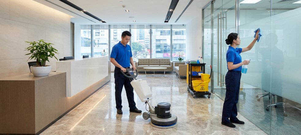 Janitorial staff cleaning a modern office lobby, buffing floors and wiping glass walls
