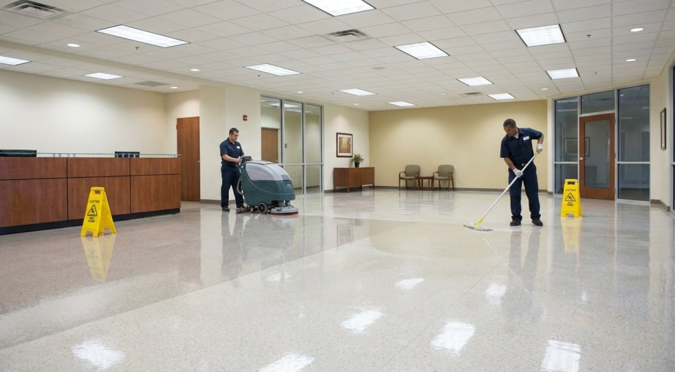 Workers stripping and waxing a polished commercial lobby floor with a scrubber and mop