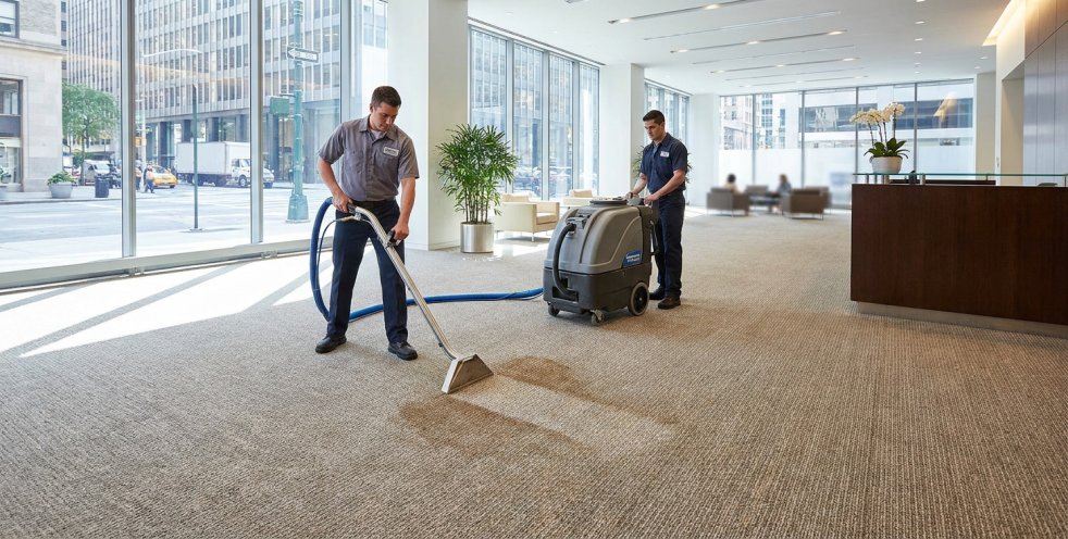 Technicians steam cleaning office lobby carpet in a modern commercial building