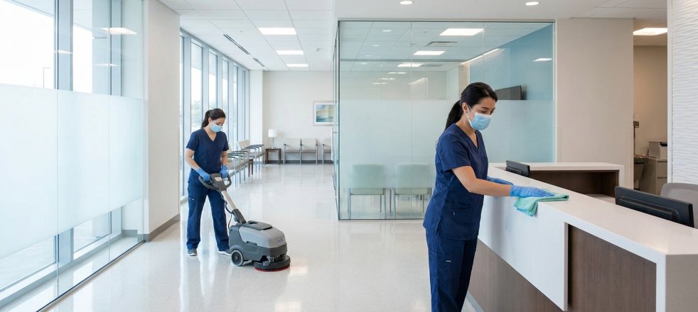 Medical office cleaners disinfecting reception desk and floors in a modern healthcare facility