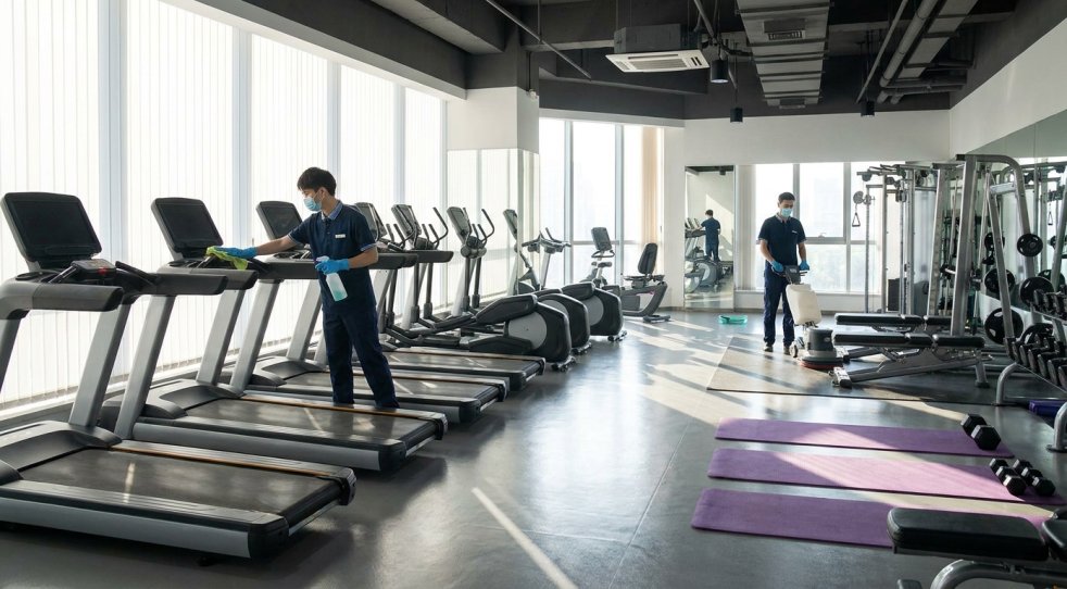 Cleaners sanitizing treadmills in a modern fitness center gym