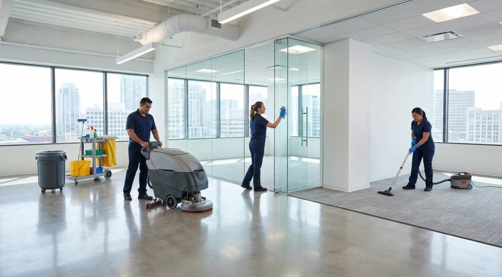 Commercial cleaners vacuum and wipe down a modern office suite during move-in cleaning